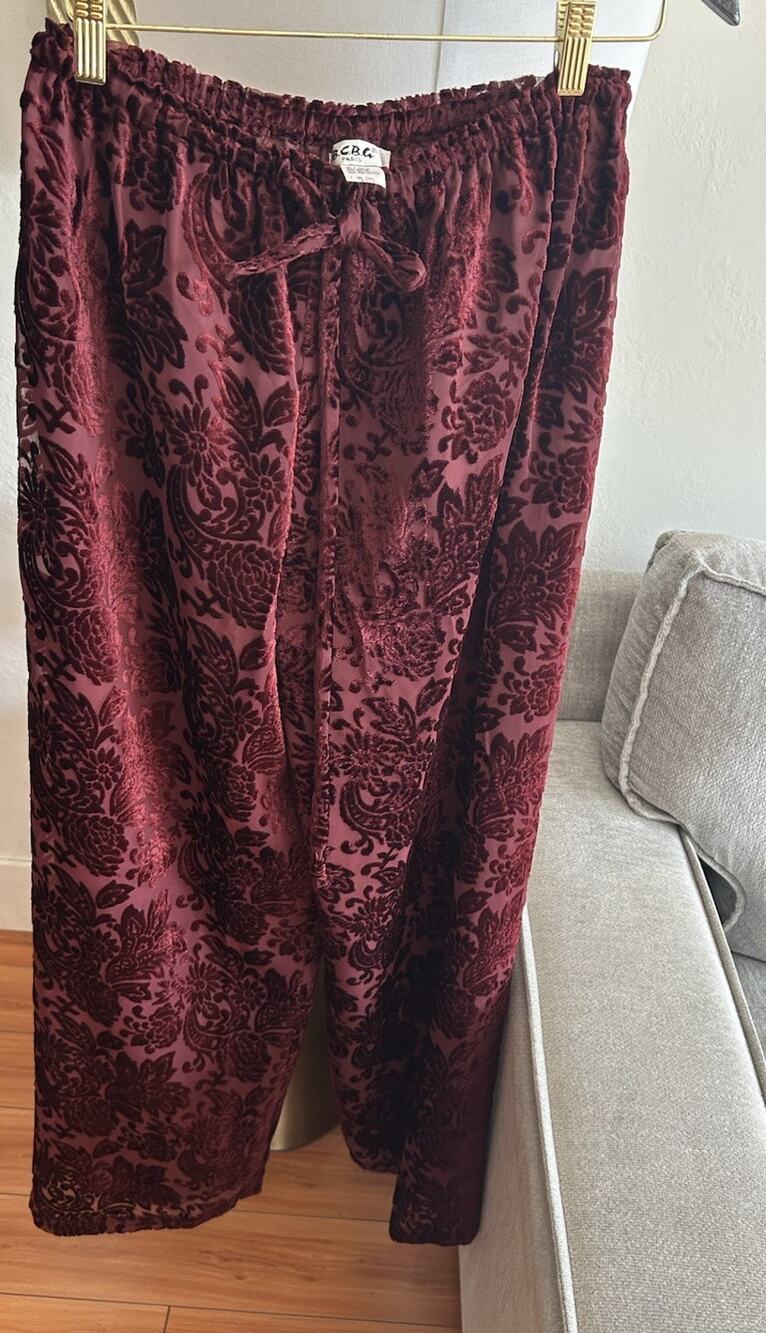 BCBG Paris Vtg Burnout Velvet Palazzo M Burgundy Wide Leg Whimsigoth Vampy USA